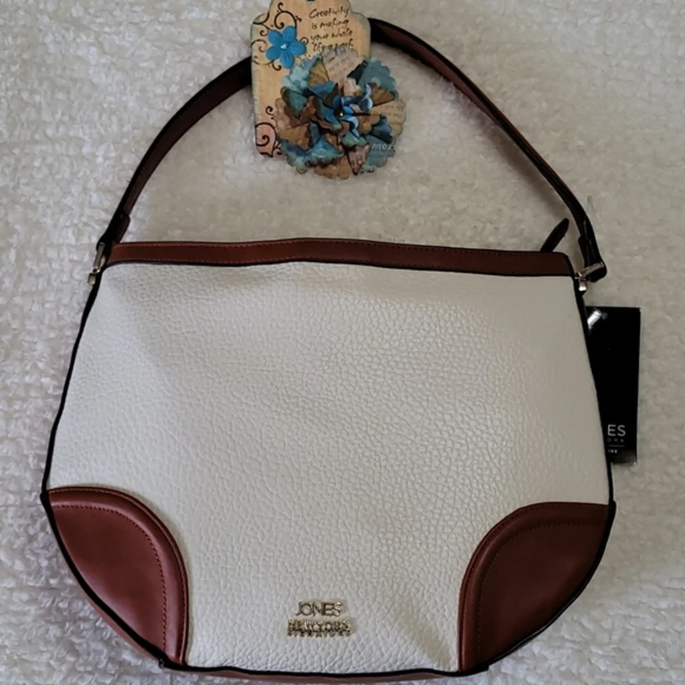 NEW Shoulder Bag Jones New York Signature Color Block Pebbled Ivory Faux Leather